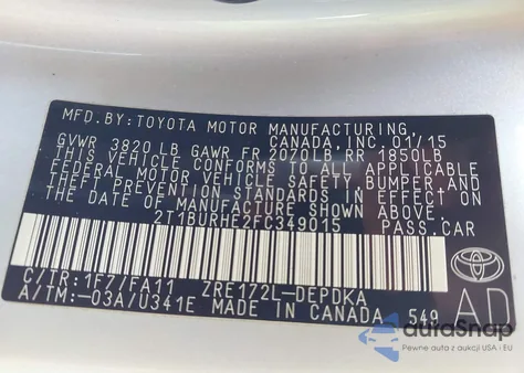 2015 Toyota Corolla L z USA, uszkodzony, nr VIN 2T1BURHE2FC349015